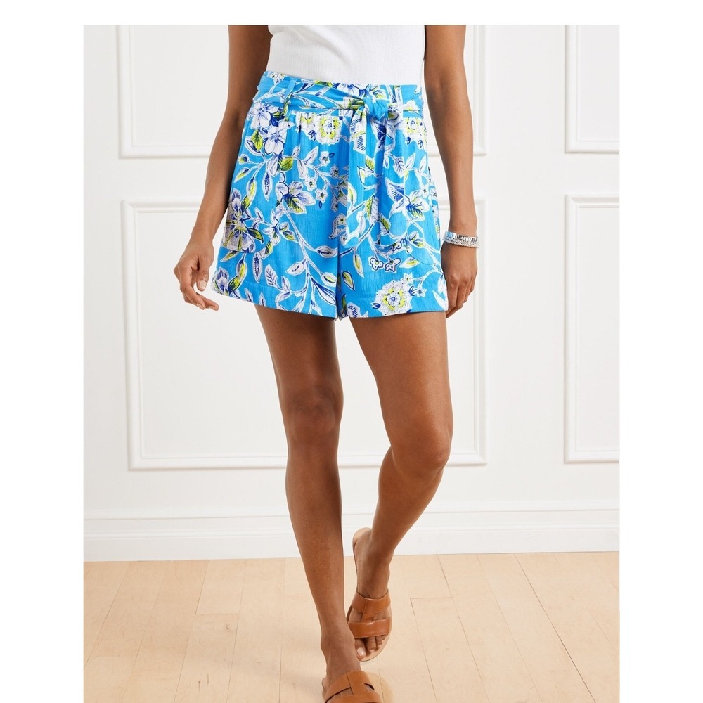 Talbots Blue Floral Rayon Pull On Shorts XL Tropical Botanical High Rise*No Belt